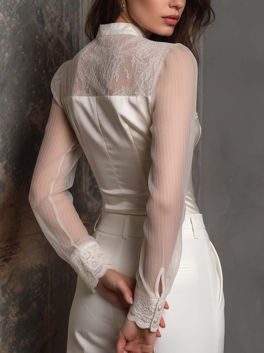 Elegant lace-panel satin blouse sheer sleeves back view