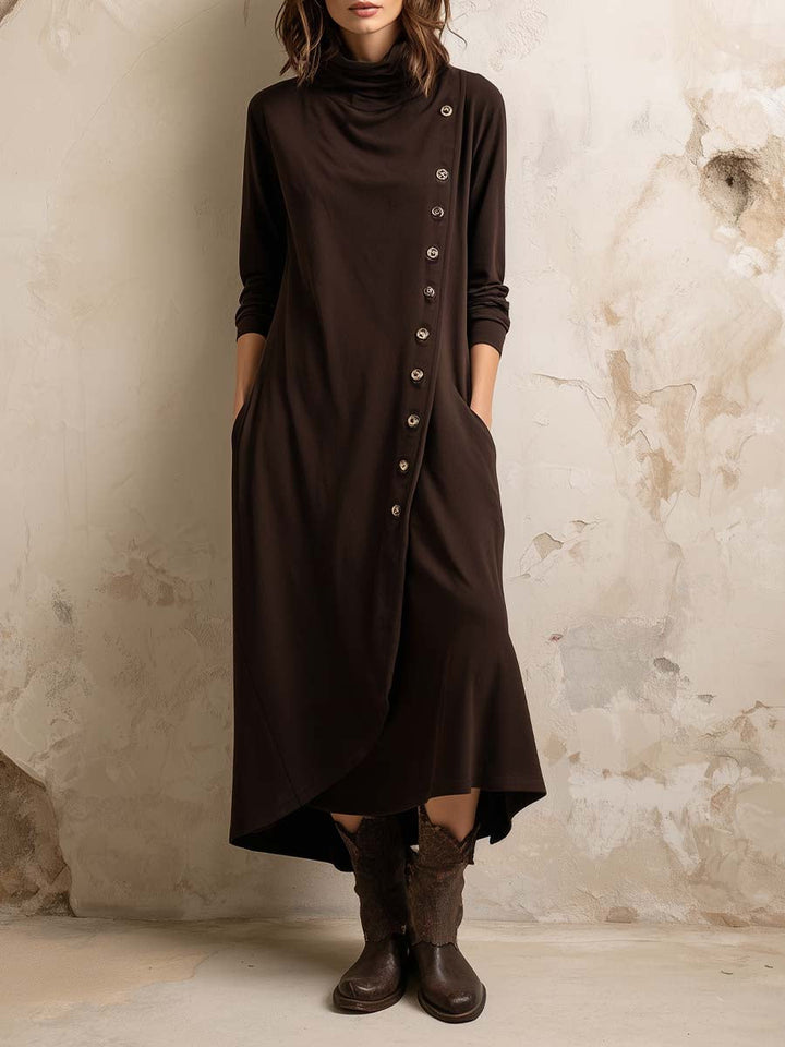 Boho inspired midi dress side button placket front view