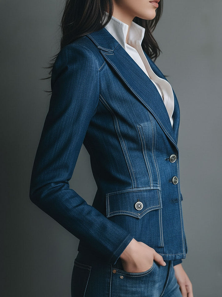 Fitted denim jacket pocket detail view
