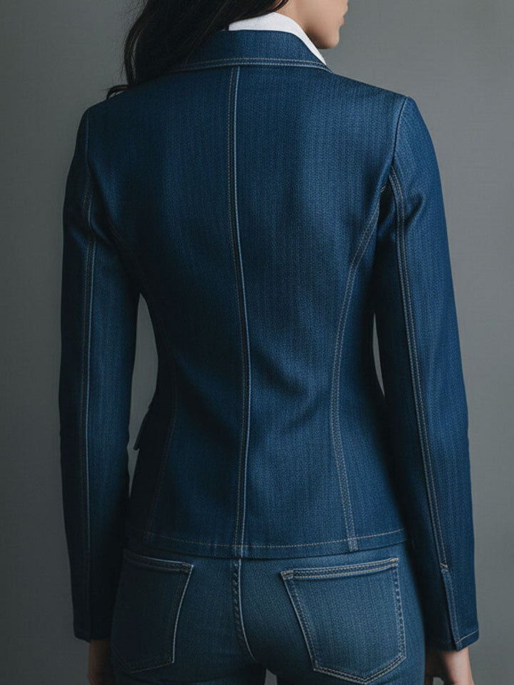 Classic denim jean jacket full length view