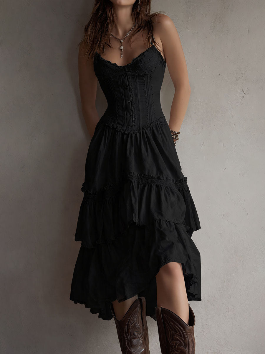 Lace trim tiered midi dress back view