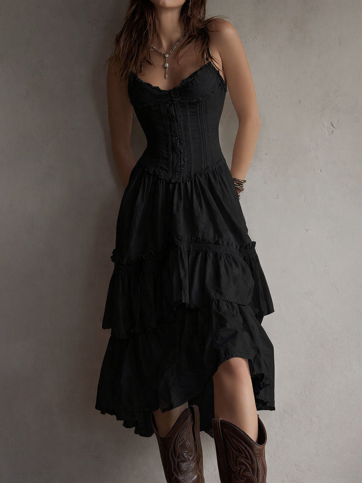 Lace trim tiered midi dress back view