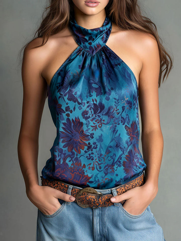 Teal satin floral halter scarf blouse front view