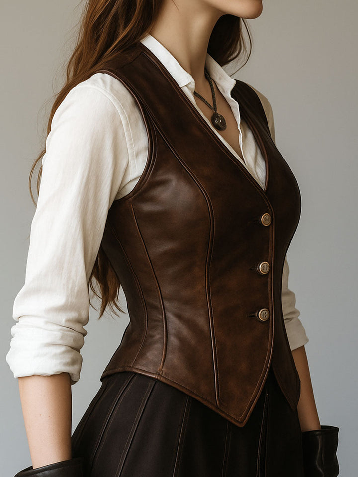 Retro leather waistcoat full length view