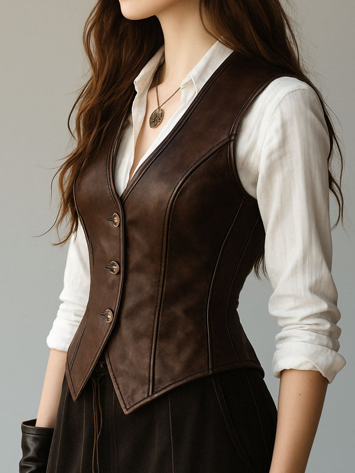 Button-down leather waistcoat back view