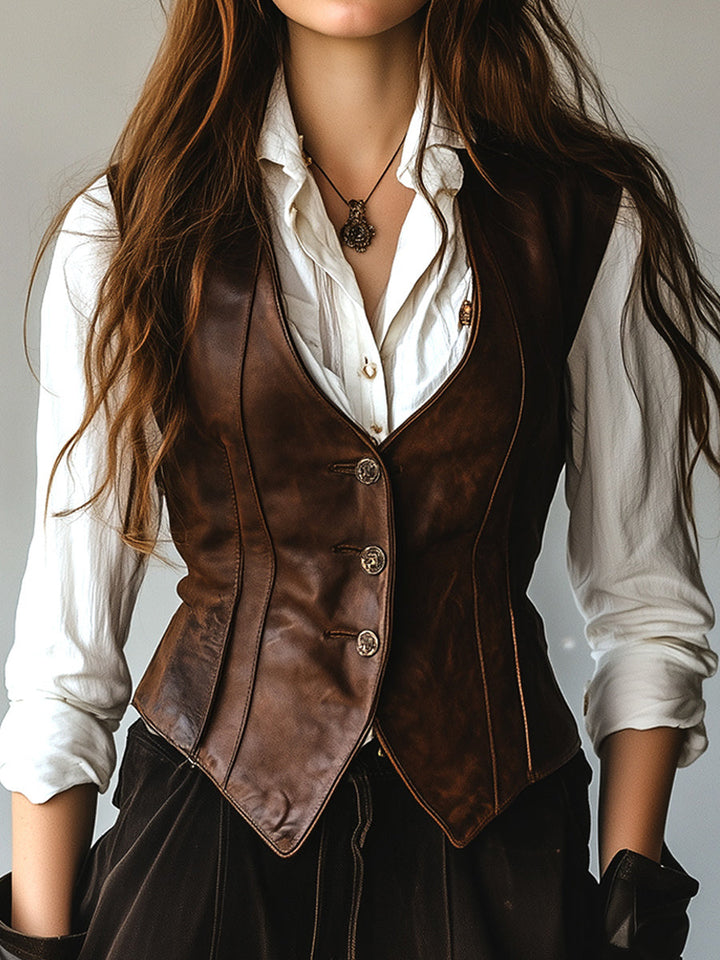 Retro waist-cinched leather waistcoat front view