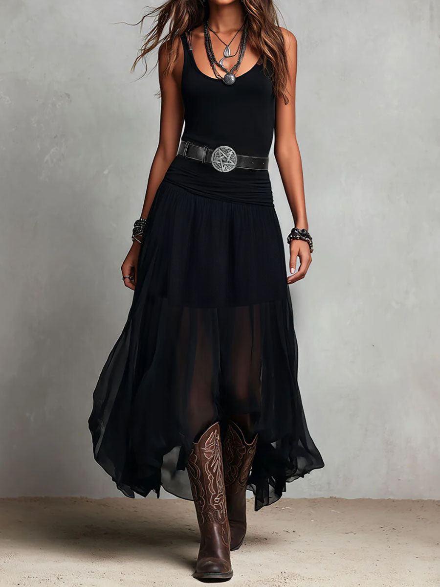 Boho black western stretchy maxi dress sheer skirt front view