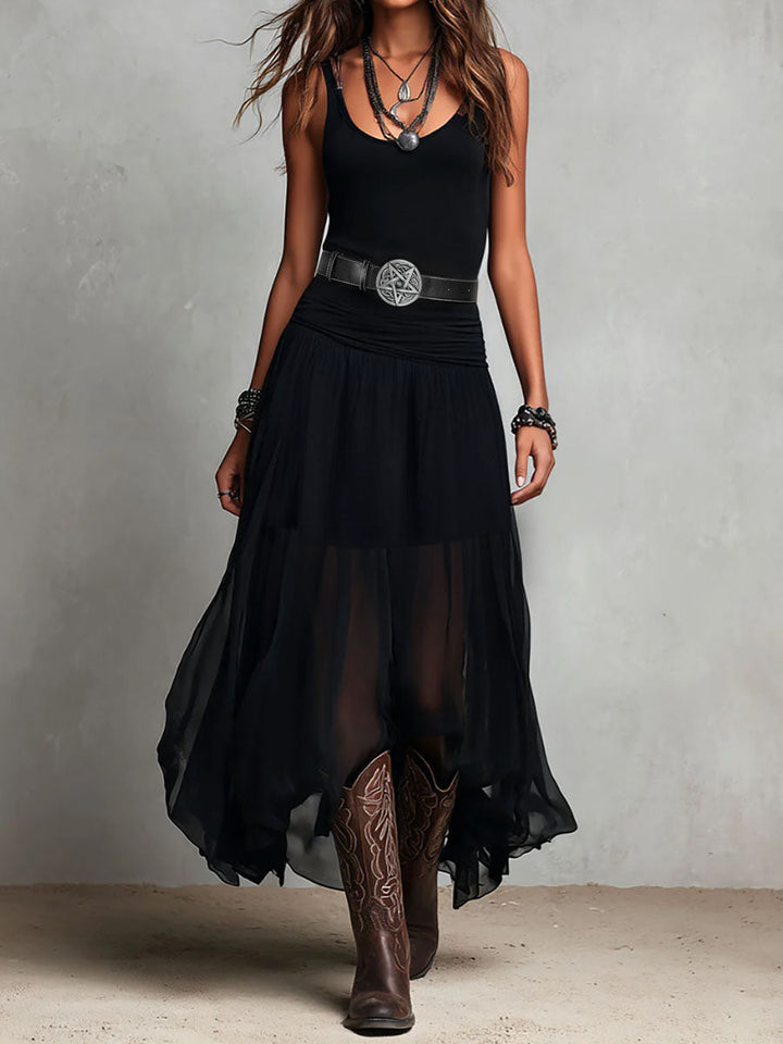 Boho black western stretchy maxi dress sheer skirt front view