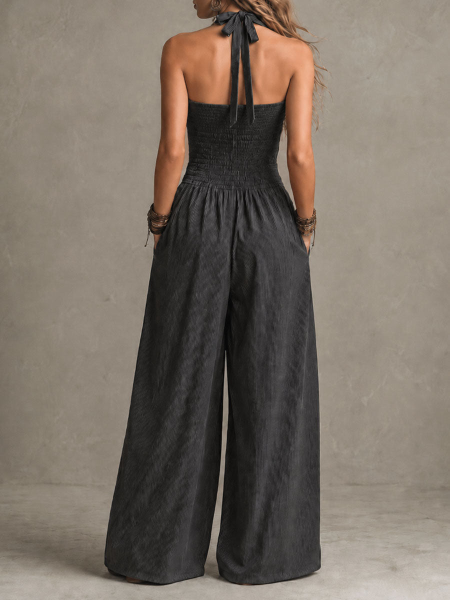 Crisscross halter pinstripe jumpsuit detail close-up