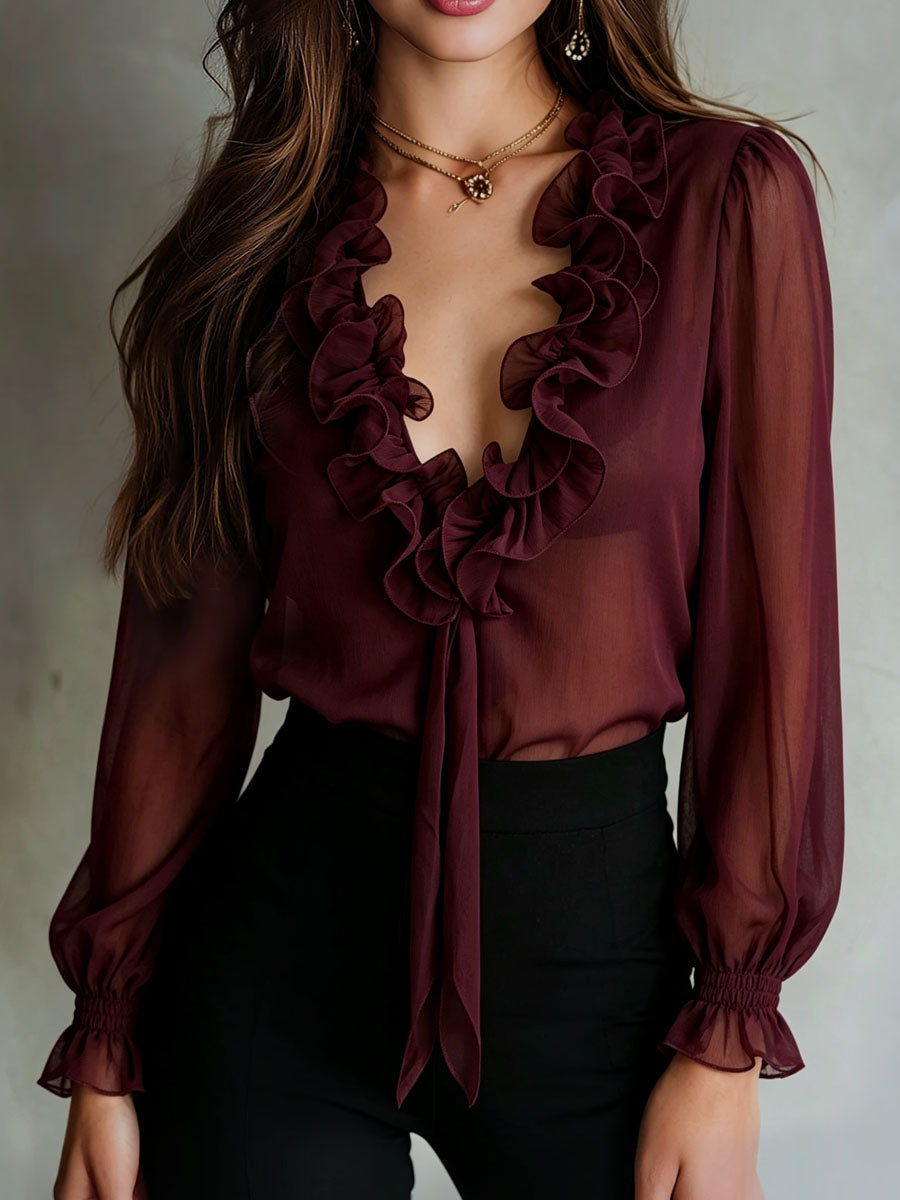 Plum chiffon blouse tie-front detail close-up