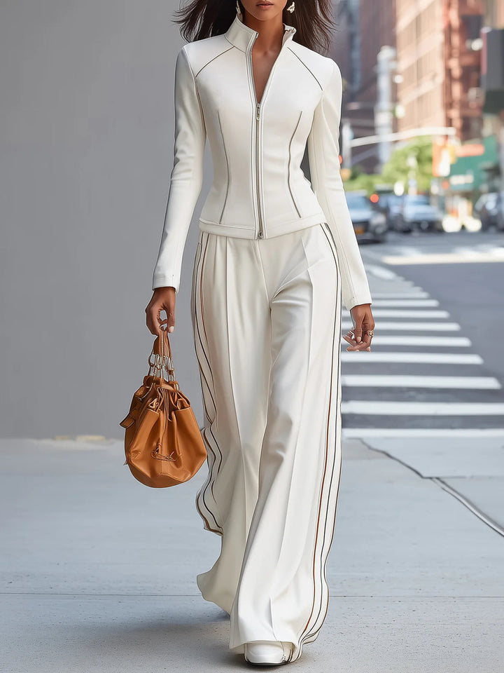 Radochna white high-neck zip suit wide-leg pants women's co-ord – front view