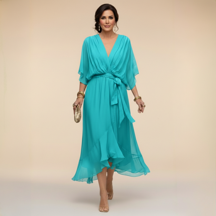 Bella - Flowing V-Neck Silhouette Dress — close-up detail