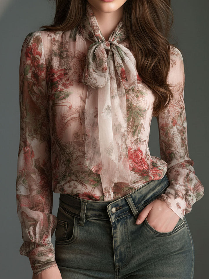 Retro romantic floral chiffon bow-tie blouse styled view