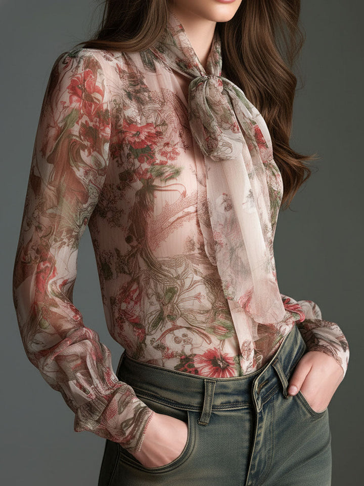 Retro romantic floral chiffon bow-tie blouse side view