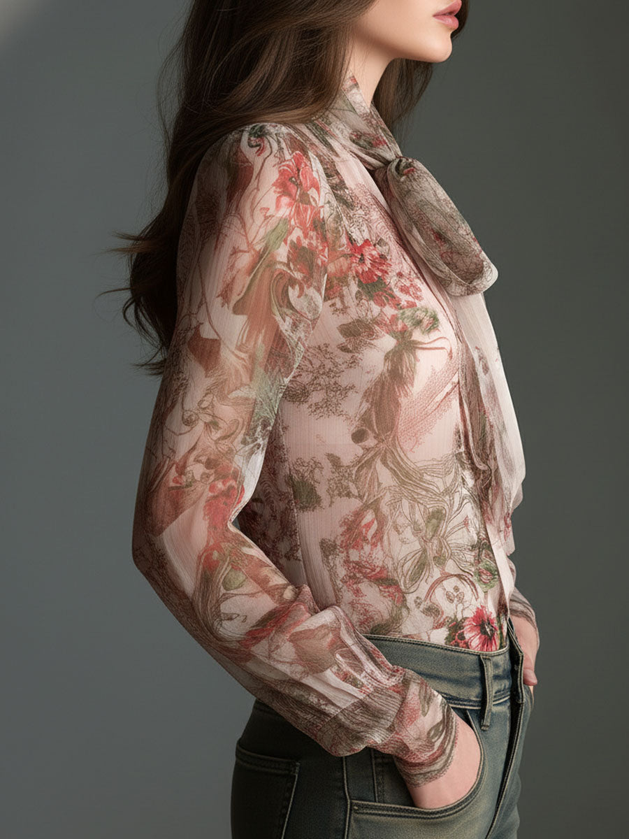 Retro romantic floral chiffon bow-tie blouse detail view