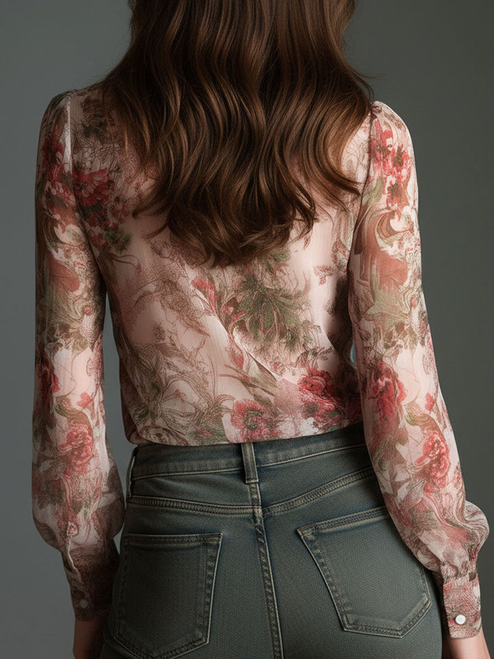 Retro romantic floral chiffon bow-tie blouse back view