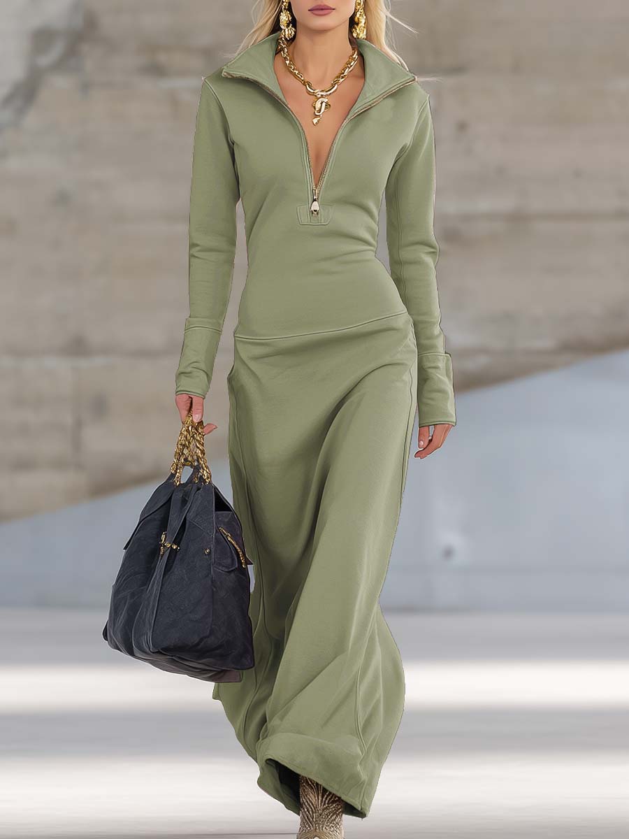 Sophie zip-up maxi dress V-neck detail – zip and collar close-up