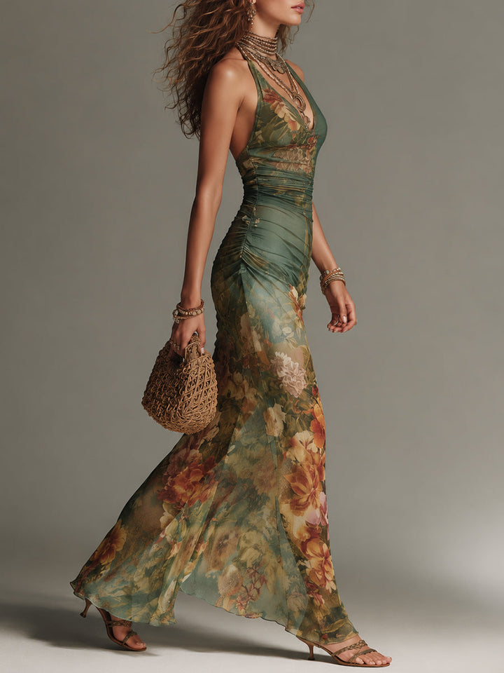 Slim-fit floral mesh maxi dress side view