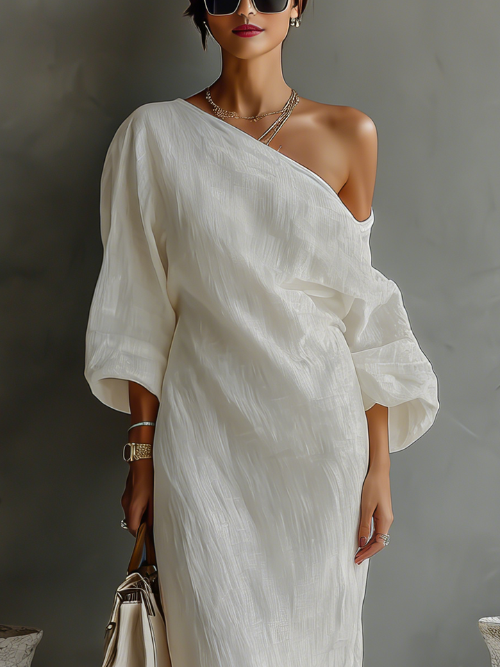 Ivory Off-Shoulder Flowing Dress — close-up view