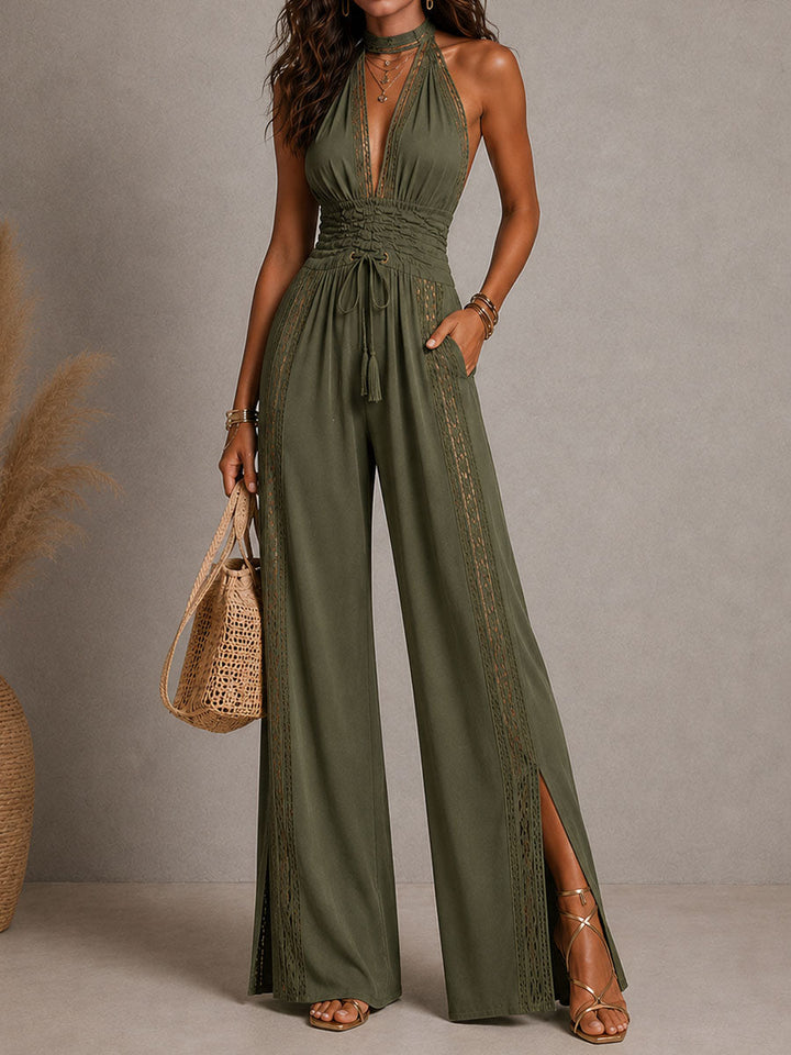 Boho lace smocked wide leg jumpsuit styled outfit