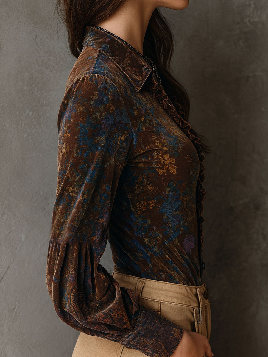 Chic boho floral print velvet blouse ruffle trim detail view