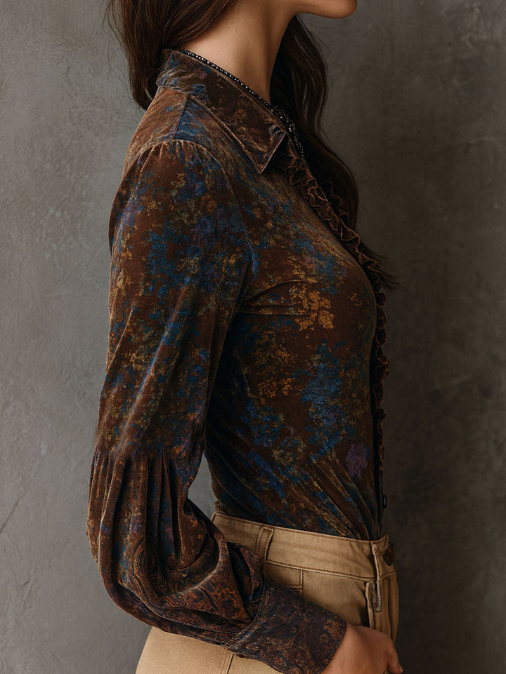 Chic boho floral print velvet blouse ruffle trim detail view