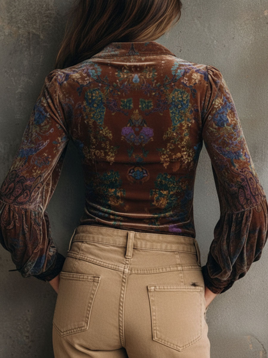 Chic boho floral print velvet blouse ruffle trim side view