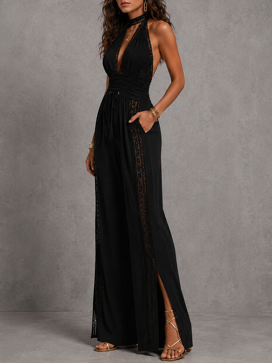 Elegant lace smocked wide leg jumpsuit back view