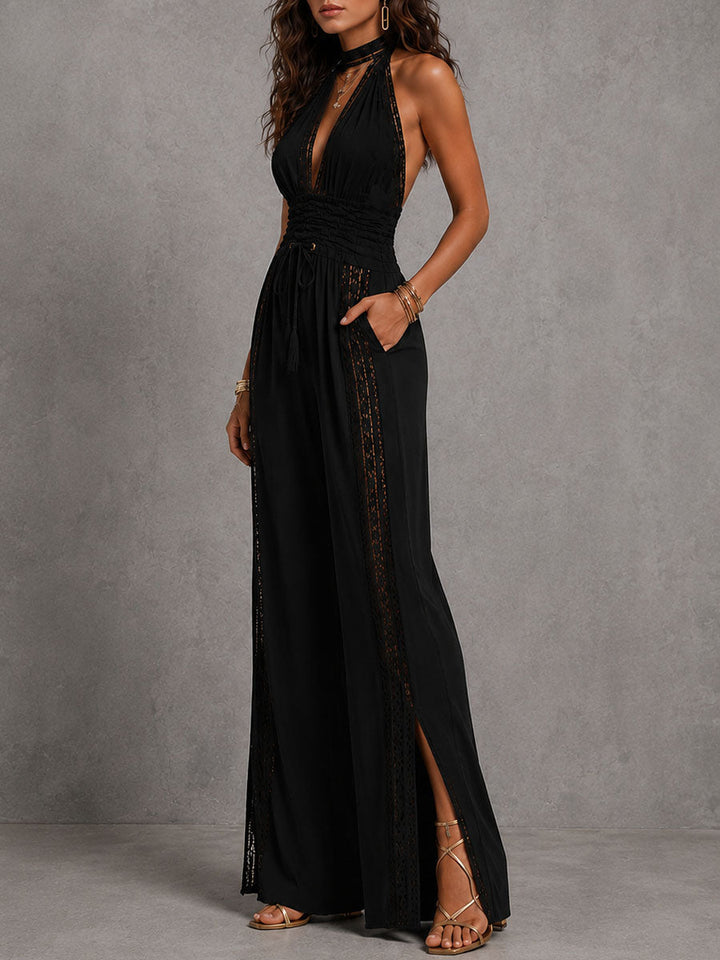 Elegant lace smocked wide leg jumpsuit back view