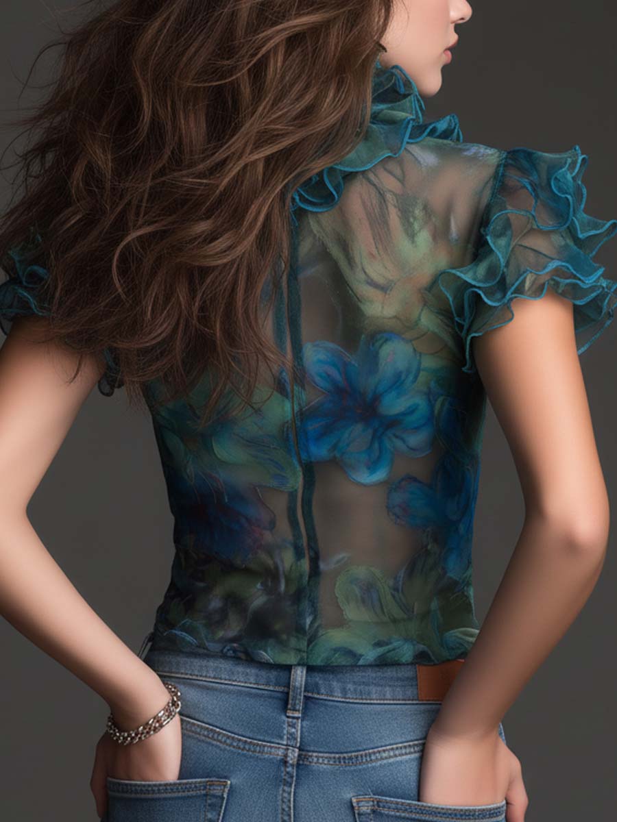 Boho floral ruffle mesh top back view