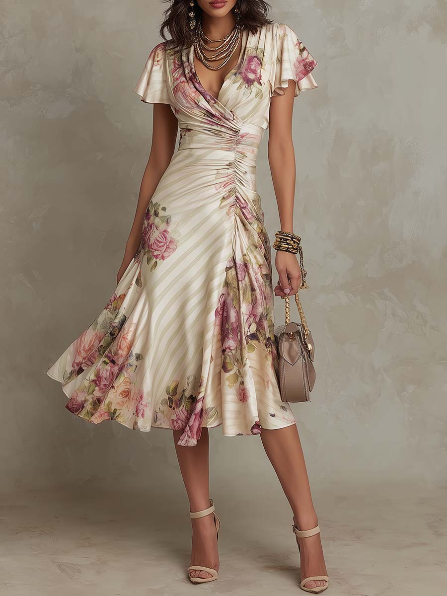 Elegant vintage floral chiffon midi dress front view