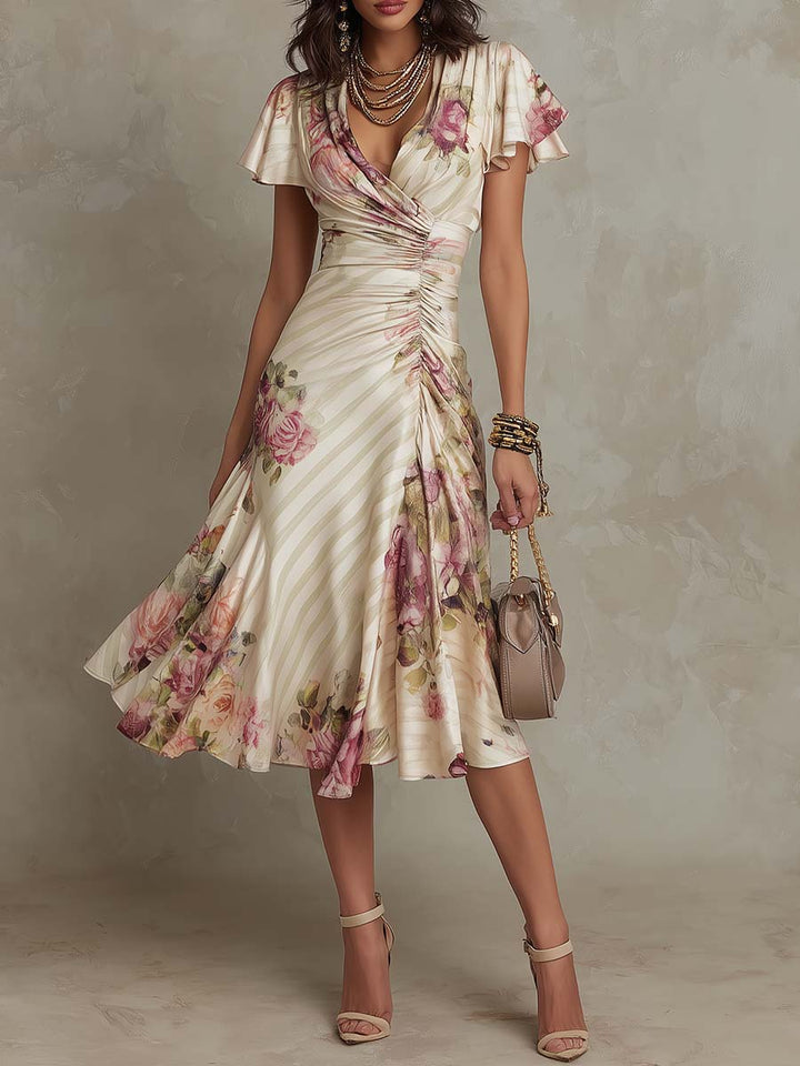 Elegant vintage floral chiffon midi dress front view