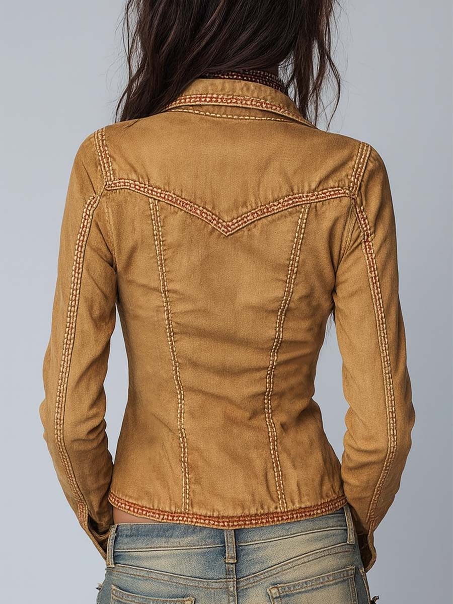 Washed khaki denim jacket back view
