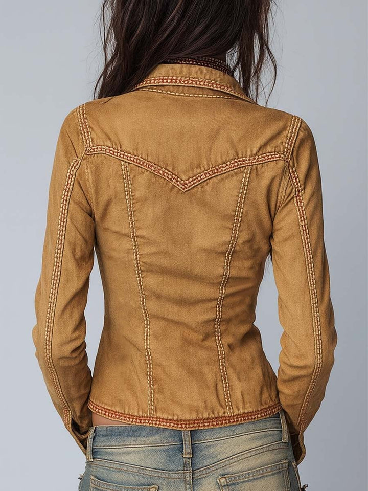 Washed khaki denim jacket back view