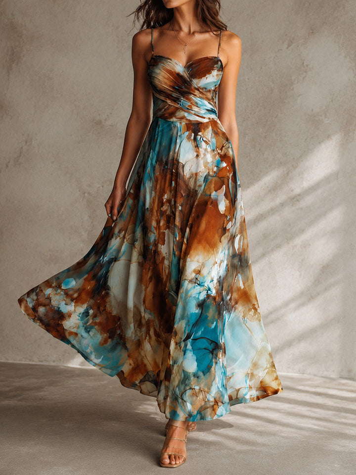 Boho watercolor chiffon spaghetti strap maxi dress front view