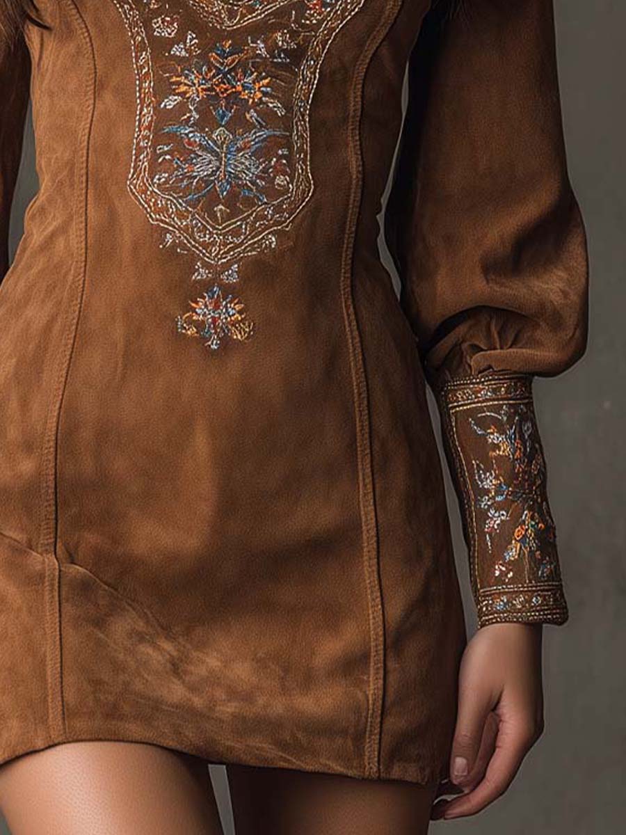 Vintage suede embroidered mini dress full length view