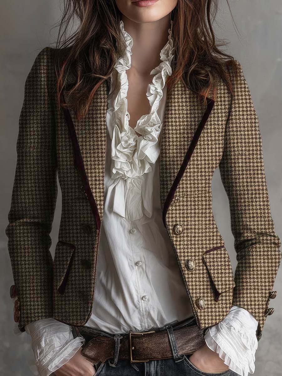 Vintage tweed houndstooth tailored blazer front view