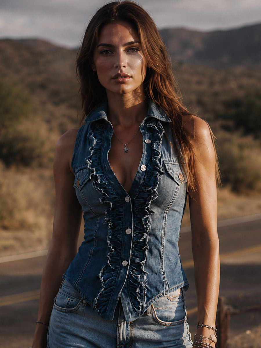 Denim vest ruffle button detail close-up