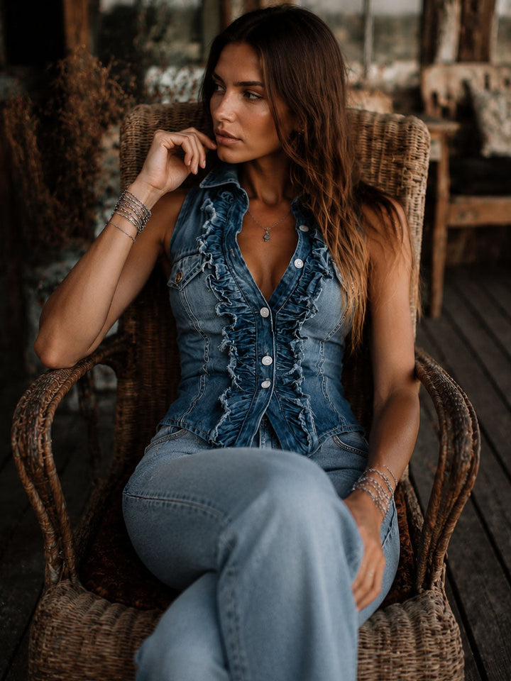 Blue denim ruffle button vest styled look