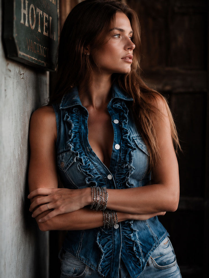 Vintage denim ruffle vest back view