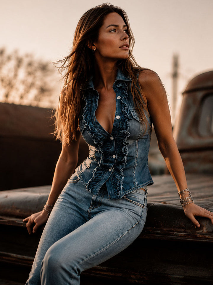 Blue denim ruffle vest side view