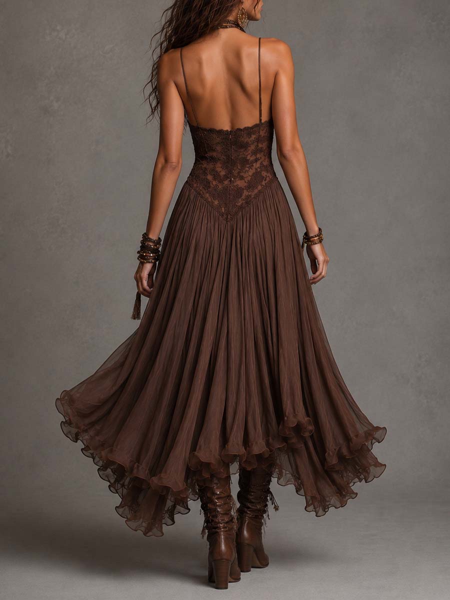 Dark brown lace corset maxi dress styled look