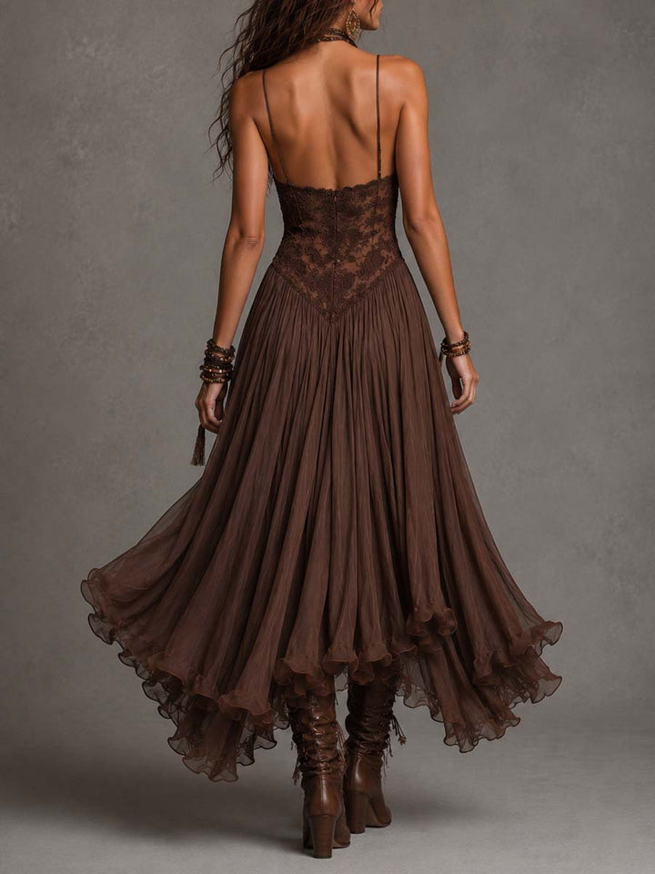 Dark brown lace corset maxi dress styled look