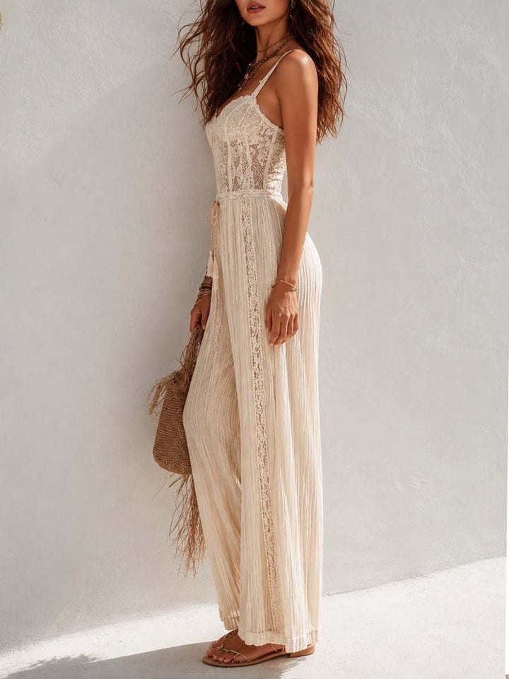 Cream lace corset jumpsuit styled outfit