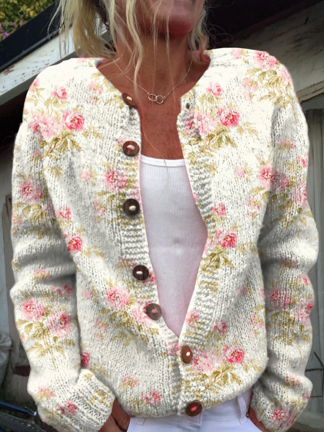 Pink Flowers Green Leaves Cardigan — front view
