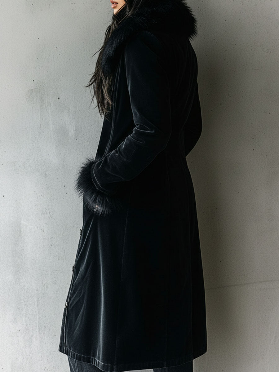 Black velvet coat eco fur collar detail view