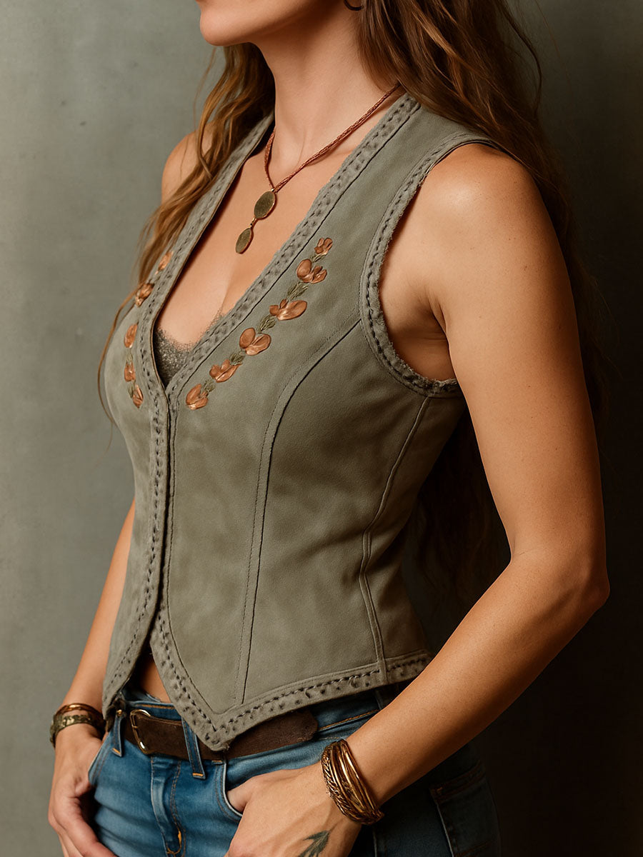 Olive suede corset vest side view