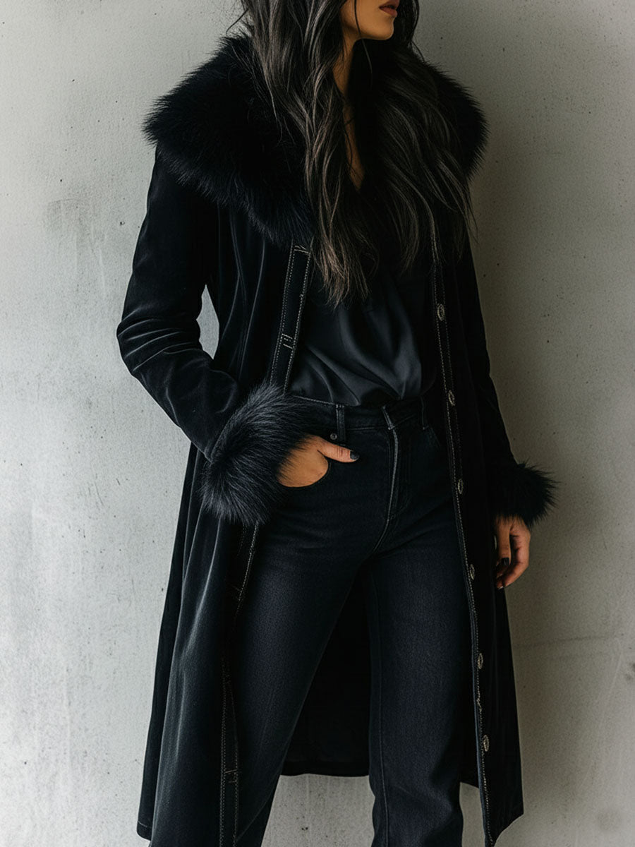 Black velvet fur collar coat side view