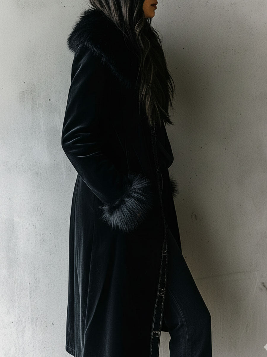 Long black velvet coat back view
