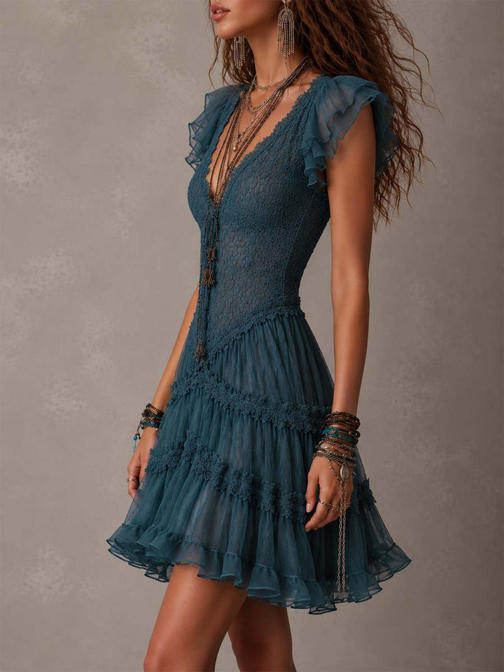 Sea blue chiffon ruffle dress detail close-up